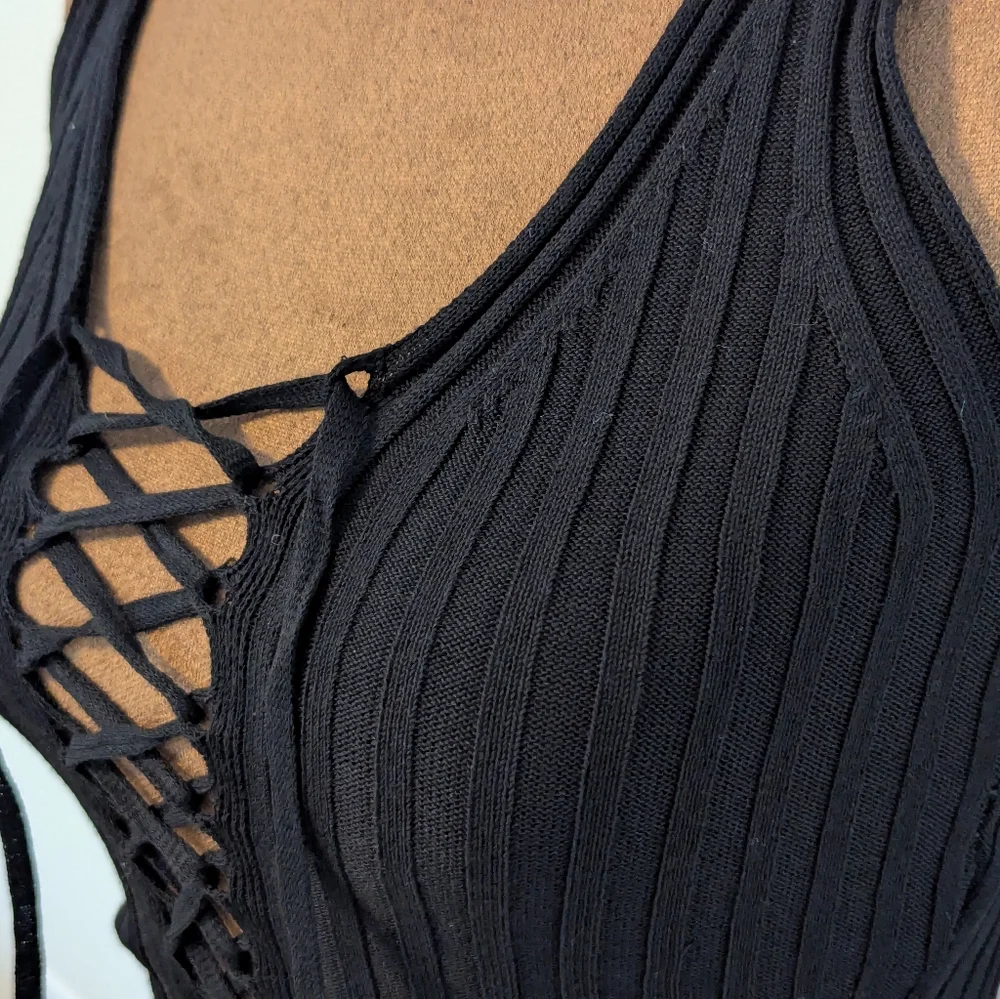 NWT Topshop Corset Tie Front Knit Singlet Tank in Black Viscose, Sz XS - Picture 5 of 8